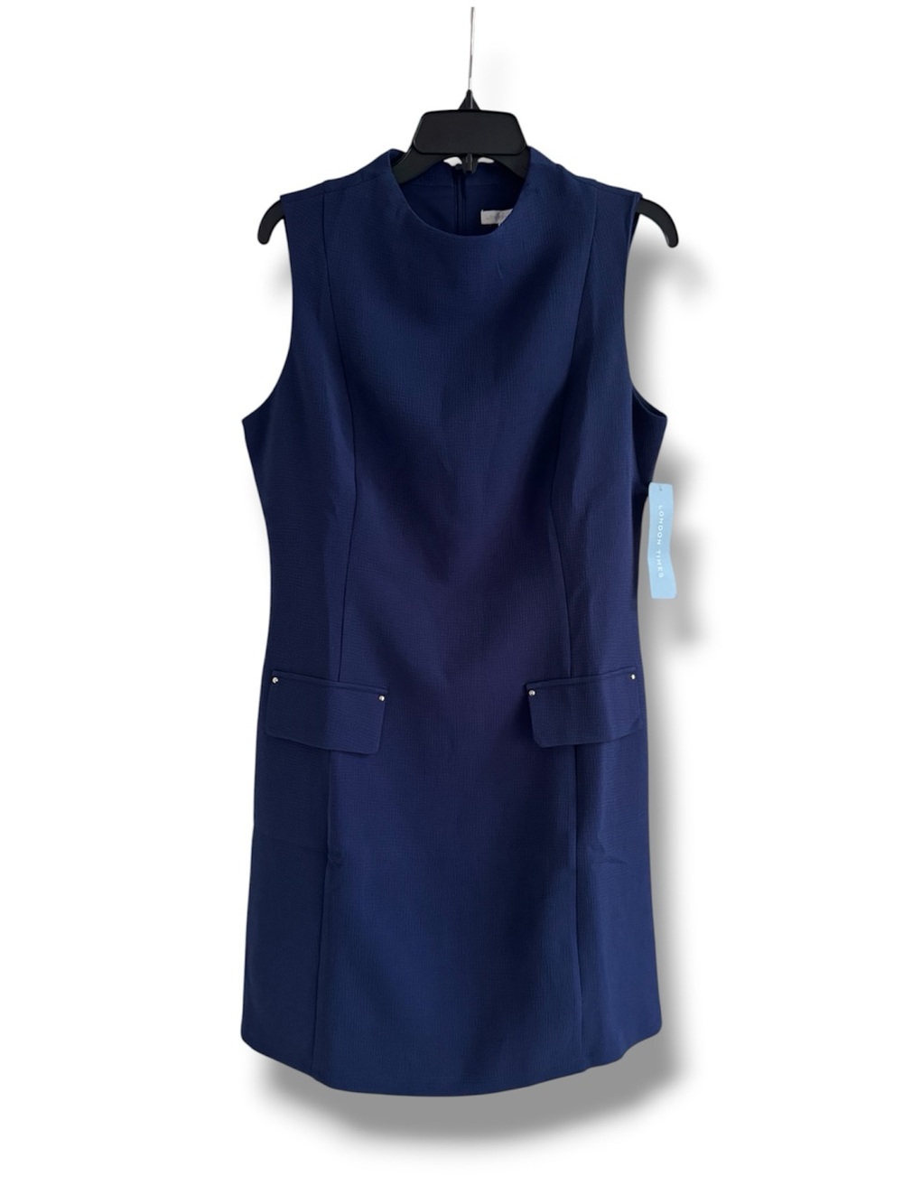 London Times Sleeveless Navy Shift Dress with Faux Flap Pockets